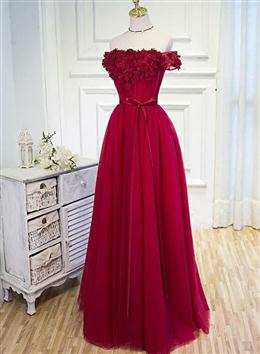 Picture of Pretty Long Party Dresses, Off Shoulder Dark Red Color Formal Dresses